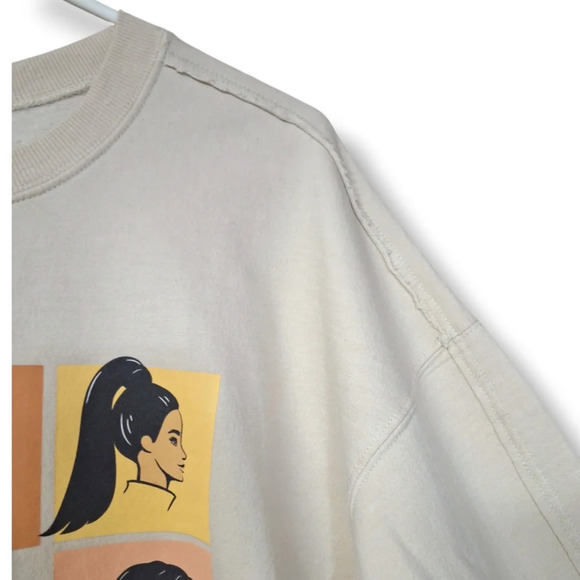 Barbie Womens Cropped Sweatshirt Long Sleeve Graphic Hairstyles Oatmeal Color - Picture 5 of 12